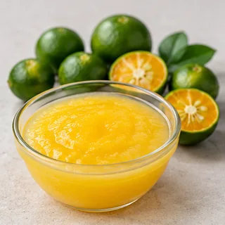 Yellow calamansi purée in a bowl with fresh calamansi