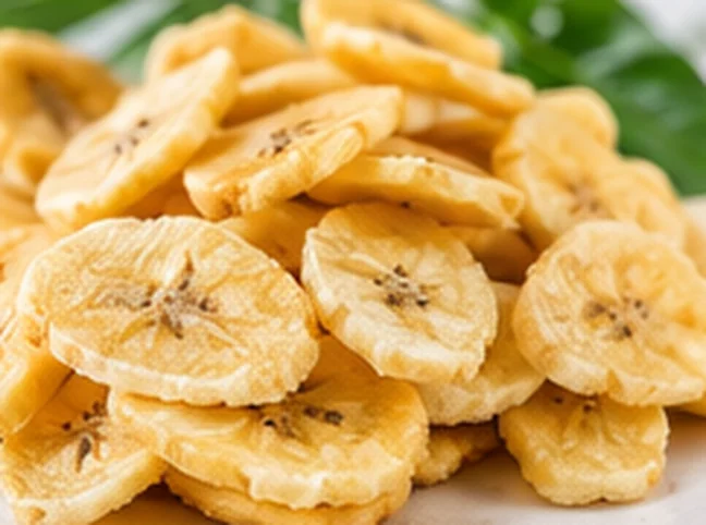 Dried banana slices arranged on a plate