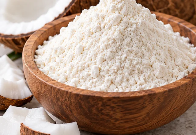 Fine white coconut flour in a wooden bowl