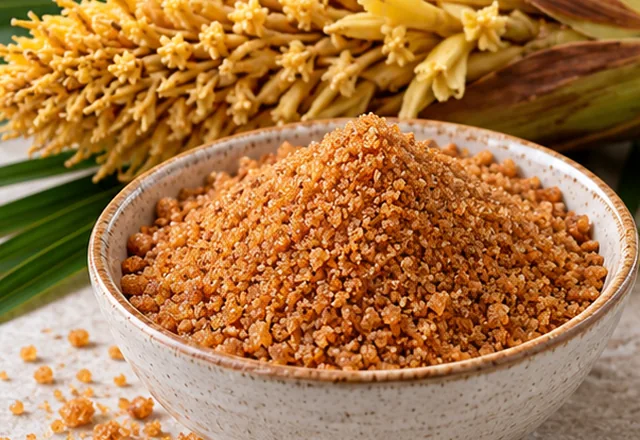 Brown coconut flower sugar with coconut blossoms