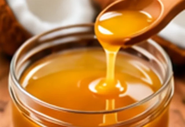 Golden coconut flower syrup in a glass bowl
