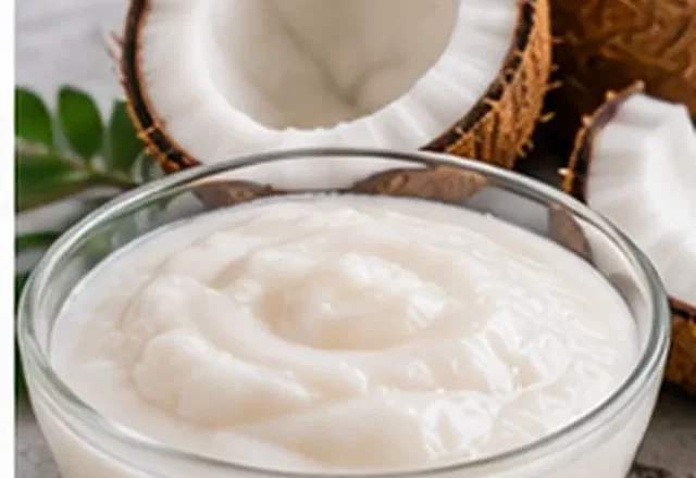 White coconut milk and cream beside fresh coconut