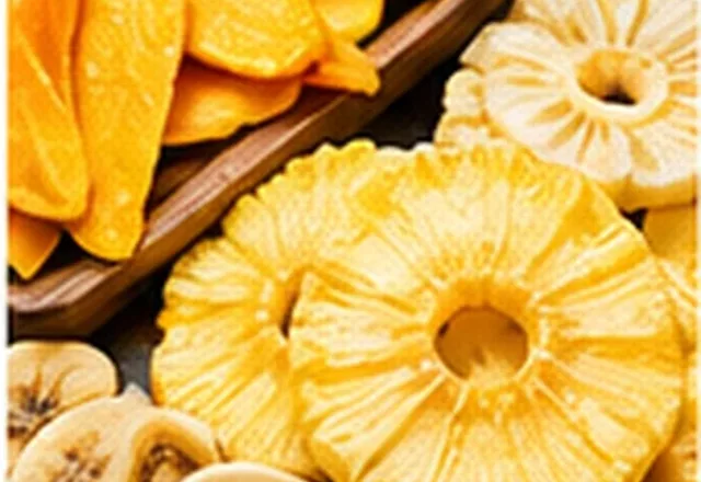 Assorted dried tropical fruits including mango and pineapple