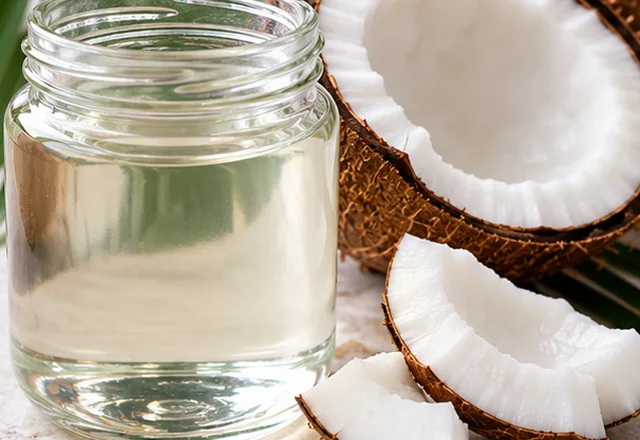 Clear coconut oil in a glass jar beside coconut halves