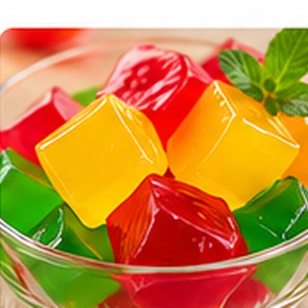 Colorful cubes of fruit-flavored jelly in a bowl