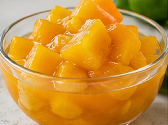 Golden mango pieces in syrup in a glass bowl