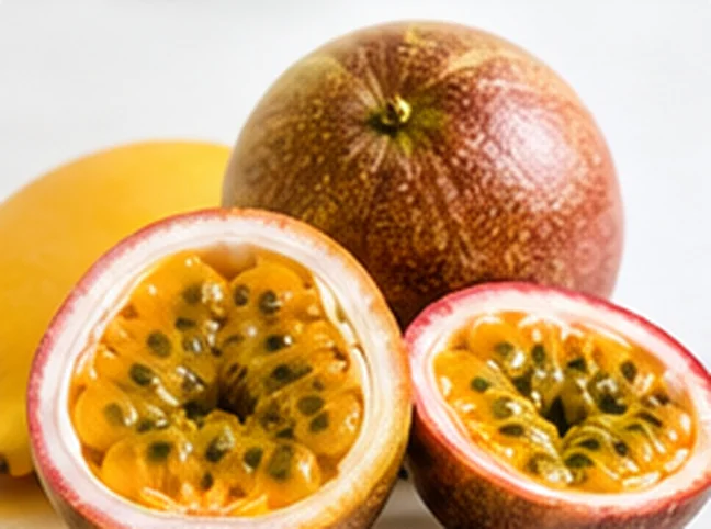 Passion fruit purée with fresh passion fruit halves