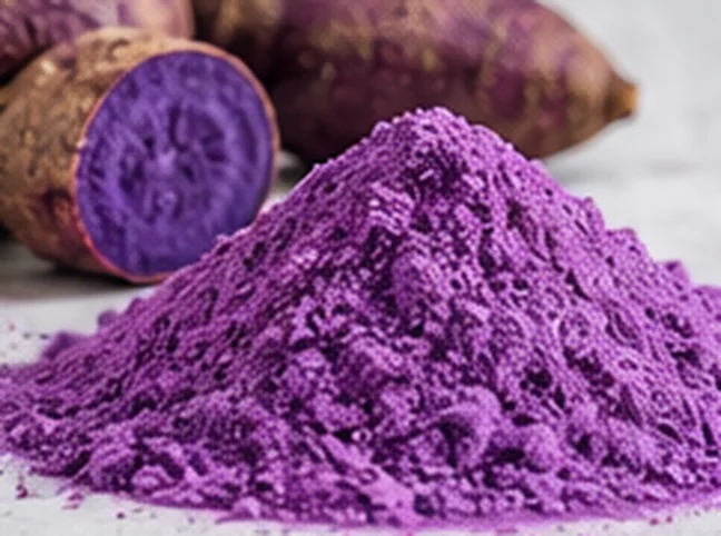 Fine purple yam powder beside ube roots