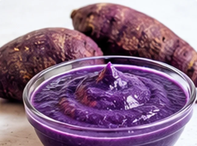 Purple yam purée in a bowl with ube roots