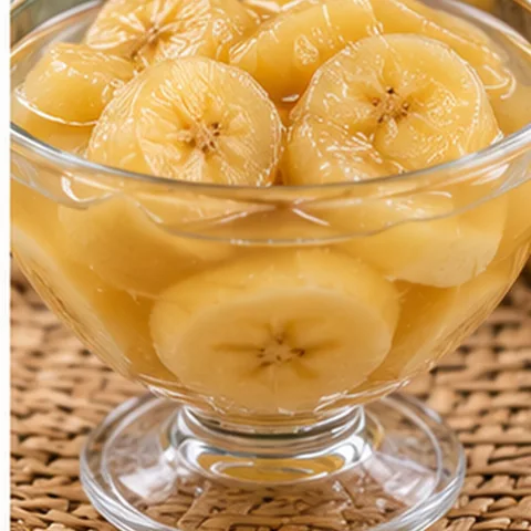 Banana slices in clear syrup in a dessert bowl