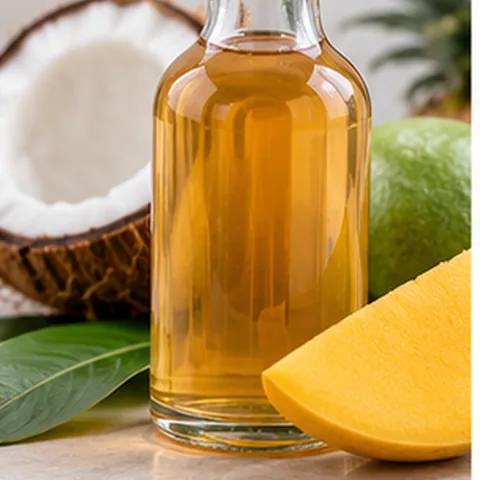 Amber coconut and mango vinegar in a glass bottle
