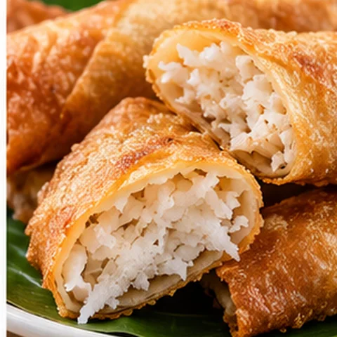 Golden fried coconut-filled turon cut open