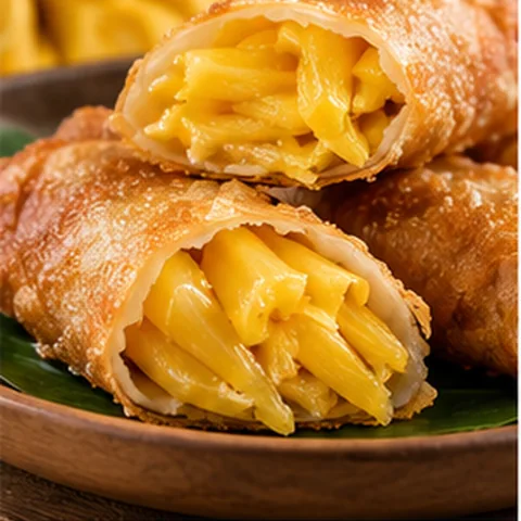 Jackfruit-filled turon sliced open