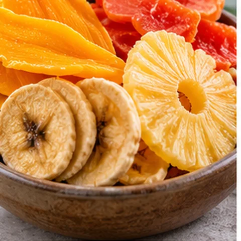 Assorted dried tropical fruit slices in a bowl