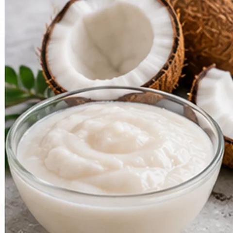 White coconut purée beside coconut halves