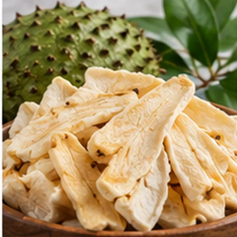 Pale dried soursop pieces beside fresh soursop