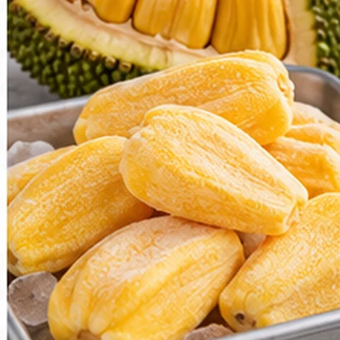 Frozen jackfruit pieces in a shallow tray