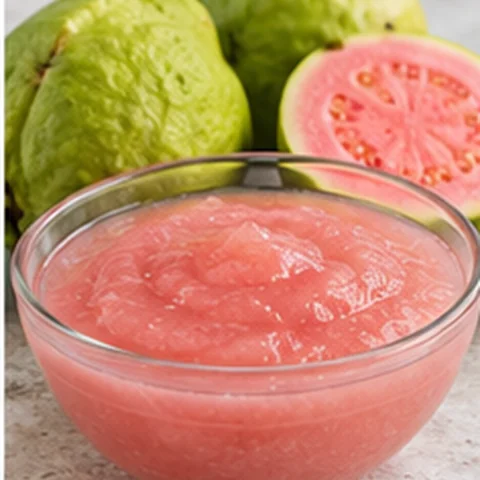 Pink guava purée in a bowl with sliced guava