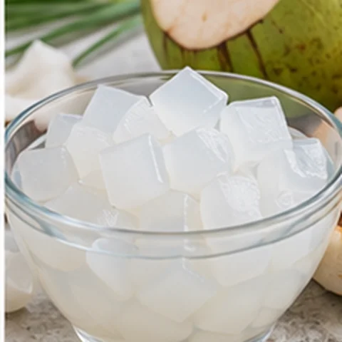 Translucent cubes of nata de coco in a bowl