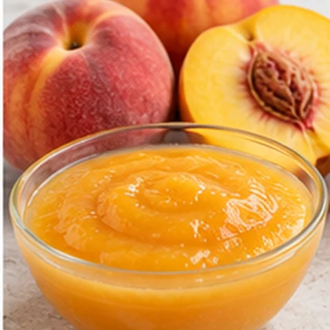 Orange peach purée in a bowl with fresh peaches