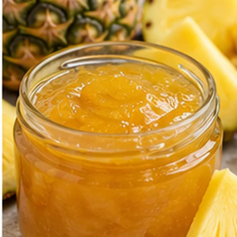 Golden pineapple jam in a glass jar