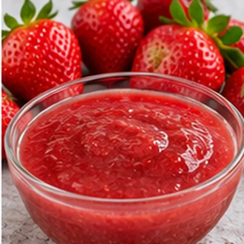 Red strawberry purée beside fresh strawberries