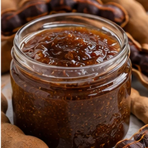 Dark brown tamarind jam with tamarind pods