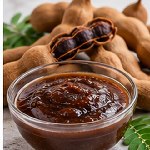 Dark brown tamarind purée beside tamarind pods
