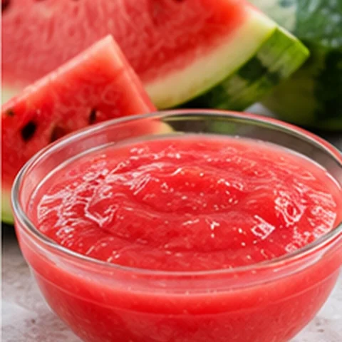 Red watermelon purée in a bowl with fresh watermelon
