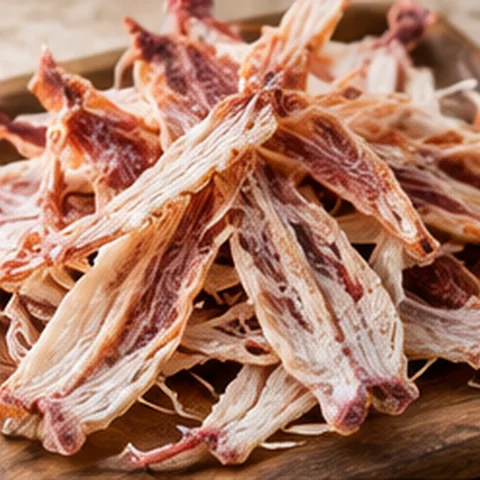 Pieces of dried squid arranged on a wooden board