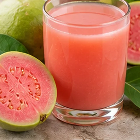 Pink guava juice in a glass beside fresh guava