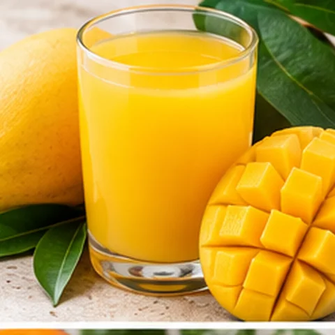 Mango juice in a glass with sliced mango