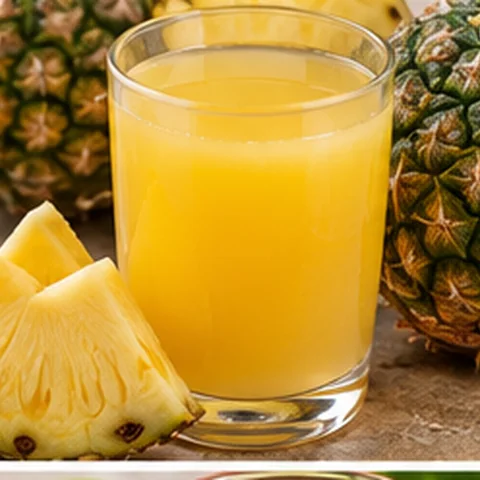 Pineapple juice in a glass beside fresh pineapple