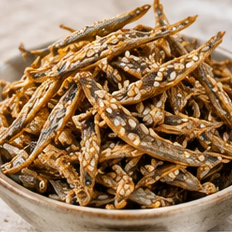 Sesame-coated dried anchovies in a bowl