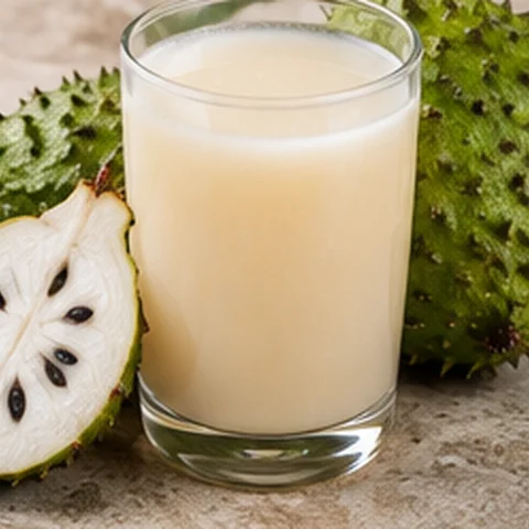 Pale soursop juice beside cut soursop fruit