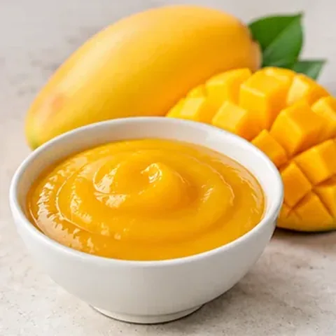 Golden mango sauce in a bowl with mango pieces