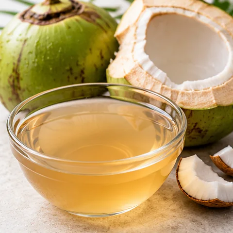 Coconut ingredient liquid in a clear bowl with fresh coconuts
