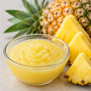 Pineapple purée in a bowl with fresh pineapple
